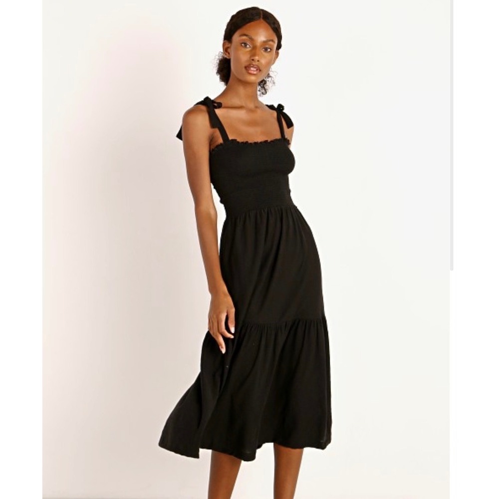 Nation LTD Farin Smocked Midi Dress Womens Medium Black Pima Cotton Tie Strap